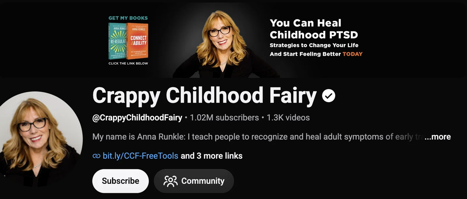 Anna Runkle's YouTube channel page, Crappy Childhood Fairy: 1.02M subscribers, 1.3K videos, with her two books in the banner