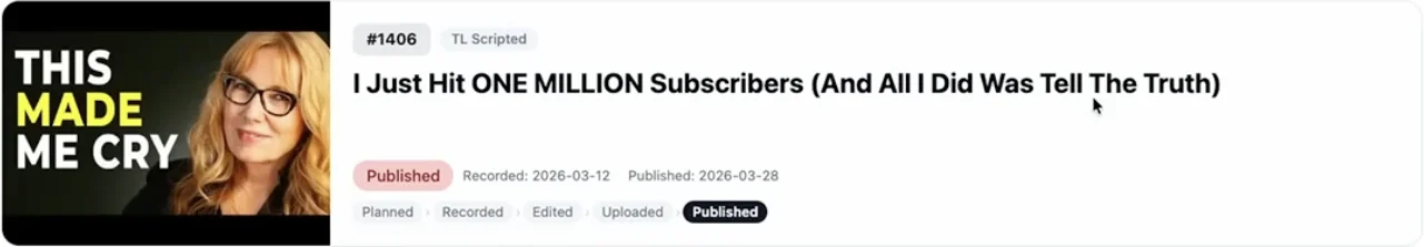 Production record for Anna's video I Just Hit One Million Subscribers, thumbnail reading This Made Me Cry, published March 28, 2026