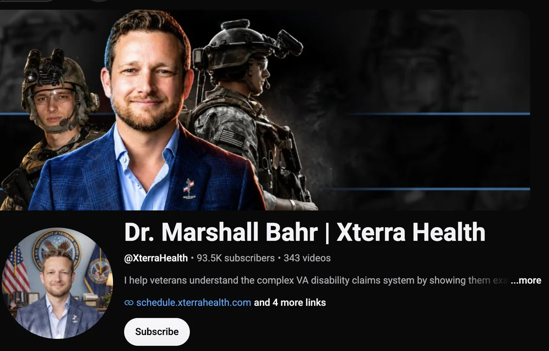 Dr. Marshall Bahr's YouTube channel page: Xterra Health, 93.5K subscribers, 343 videos
