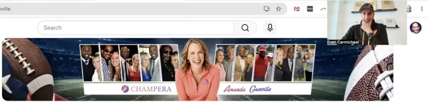 A client's YouTube channel banner shared on screen, with Evan's small video tile in the top-right corner