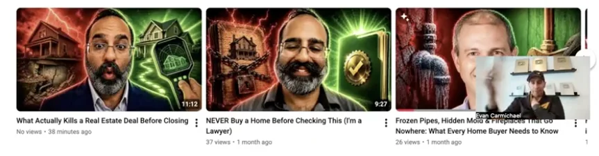 A client's three YouTube videos shared on screen, with Evan's small video tile over the bottom-right corner