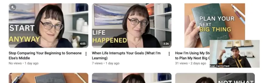 A client's latest three YouTube videos shared on screen, with Evan's small video tile over the bottom-right corner