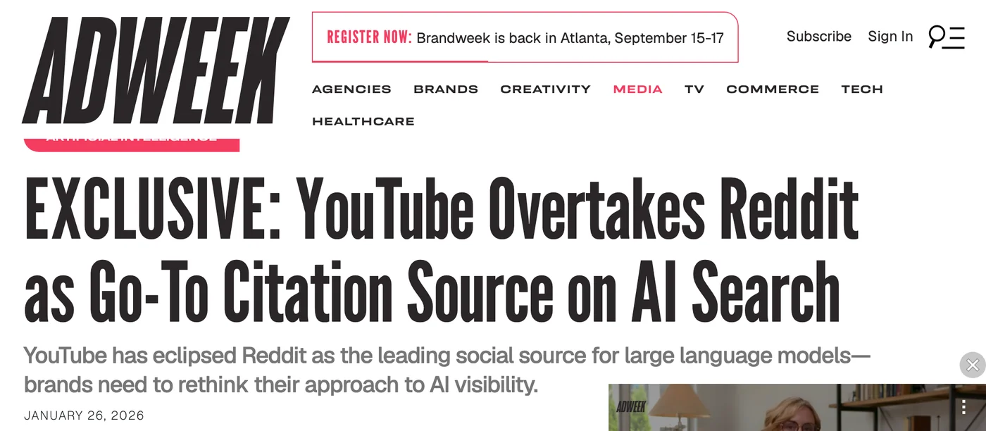 Adweek headline: Exclusive: YouTube Overtakes Reddit as Go-To Citation Source on AI Search
