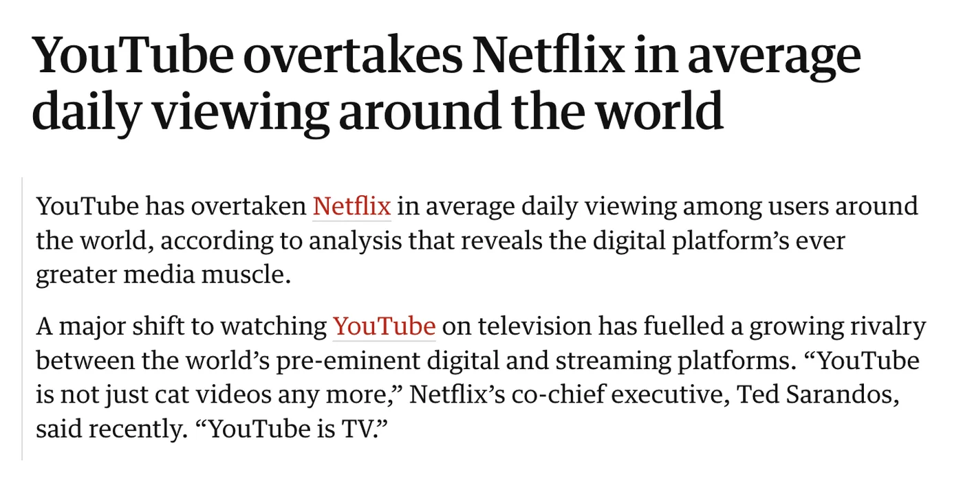 The Guardian headline and opening paragraphs: YouTube overtakes Netflix in average daily viewing around the world