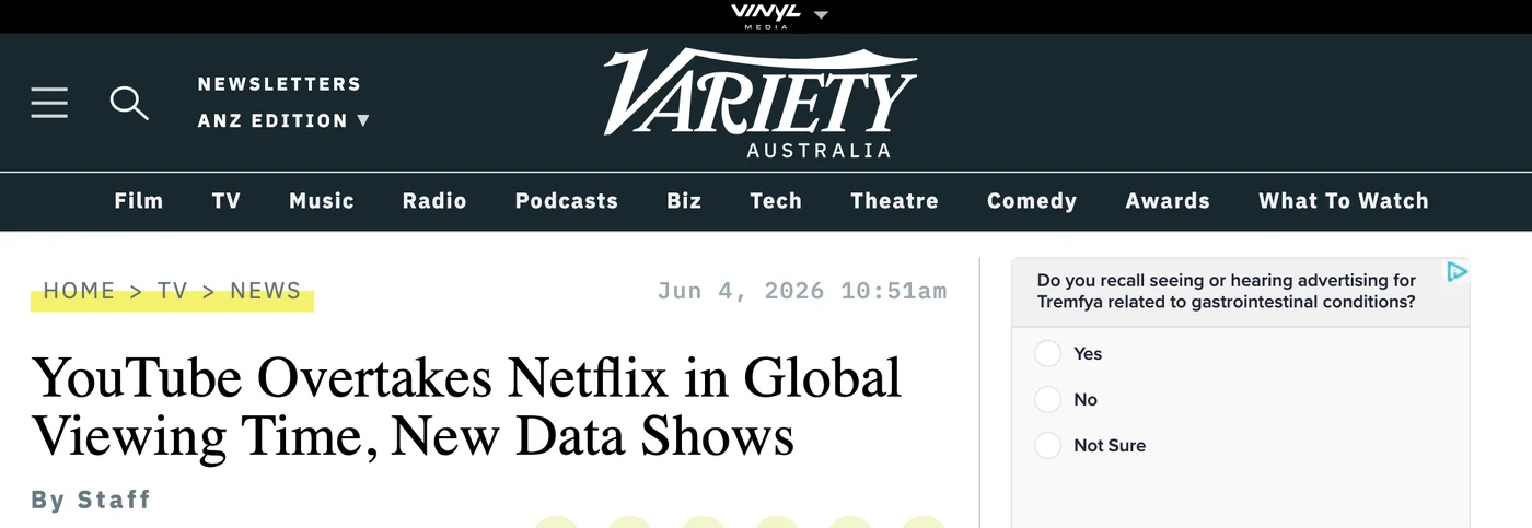 Variety headline: YouTube Overtakes Netflix in Global Viewing Time, New Data Shows