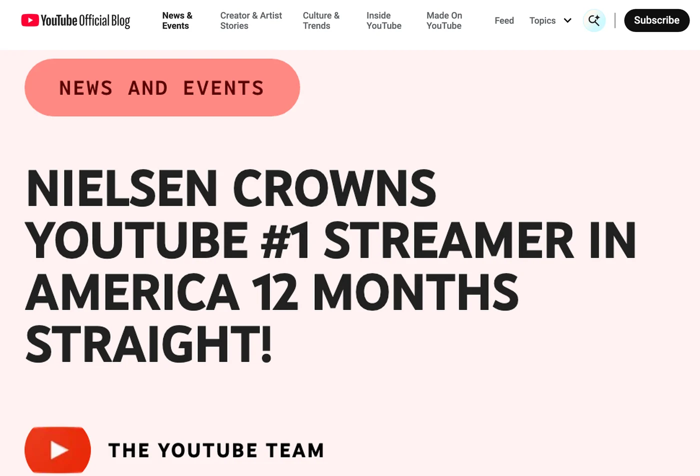 YouTube Official Blog headline: Nielsen crowns YouTube #1 streamer in America 12 months straight
